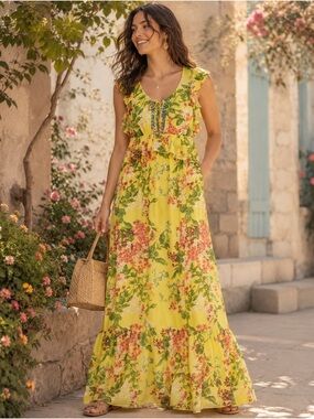 Anthropologie Plenty by Tracy Reese Yellow Floral Ruffle Maxi Dress XS MSRP $198